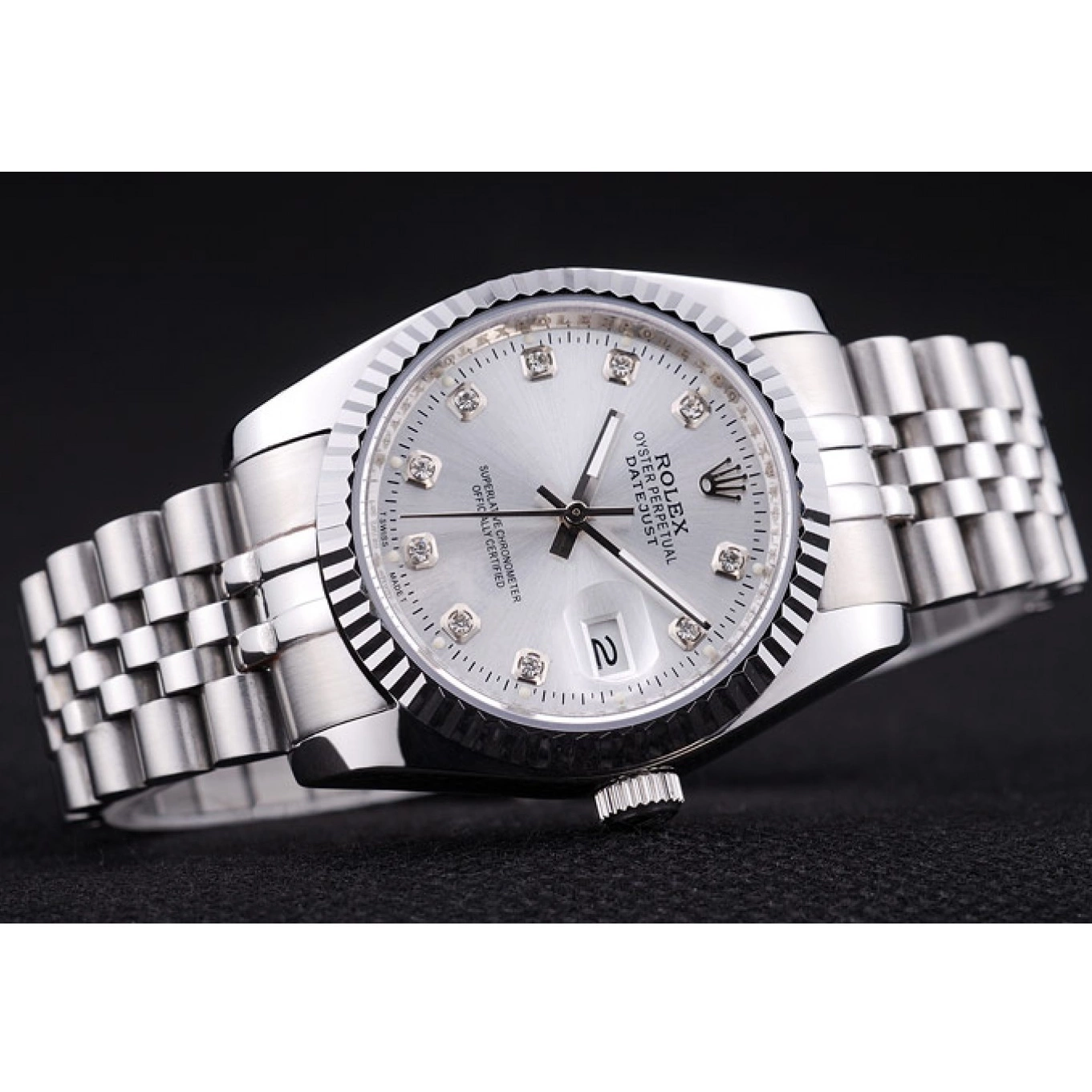 Aaa replica Rolex Datejust Diamonds Silver 7455 Ribbed Bezel Dial 0820